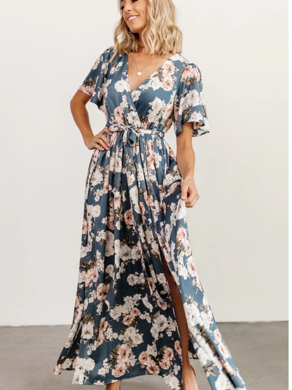 Baltic Born Teal Floral Wrap Maxi Dress with Tie Waist